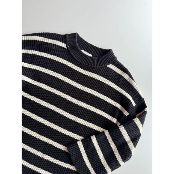 H&M Black Ivory Striped Cotton Chunky Rib Knit Crew Neck Loose Sweater, Size S - Picture 8 of 14